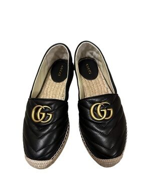 GUCCI Black Nappa Quilted Leather Charlotte Gold GG Espadrille Jute Flats